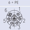 Konektor z řady ecomate s kolíčky na kabel. Počet kontaktů 6 + PE, 250 V, odlehčovací spona kabelu s upínacím kroužkem. Vývod pro průměr kabelu 6-12,5 mm. Kontakty letovací s povrchovou úpravou Ag.